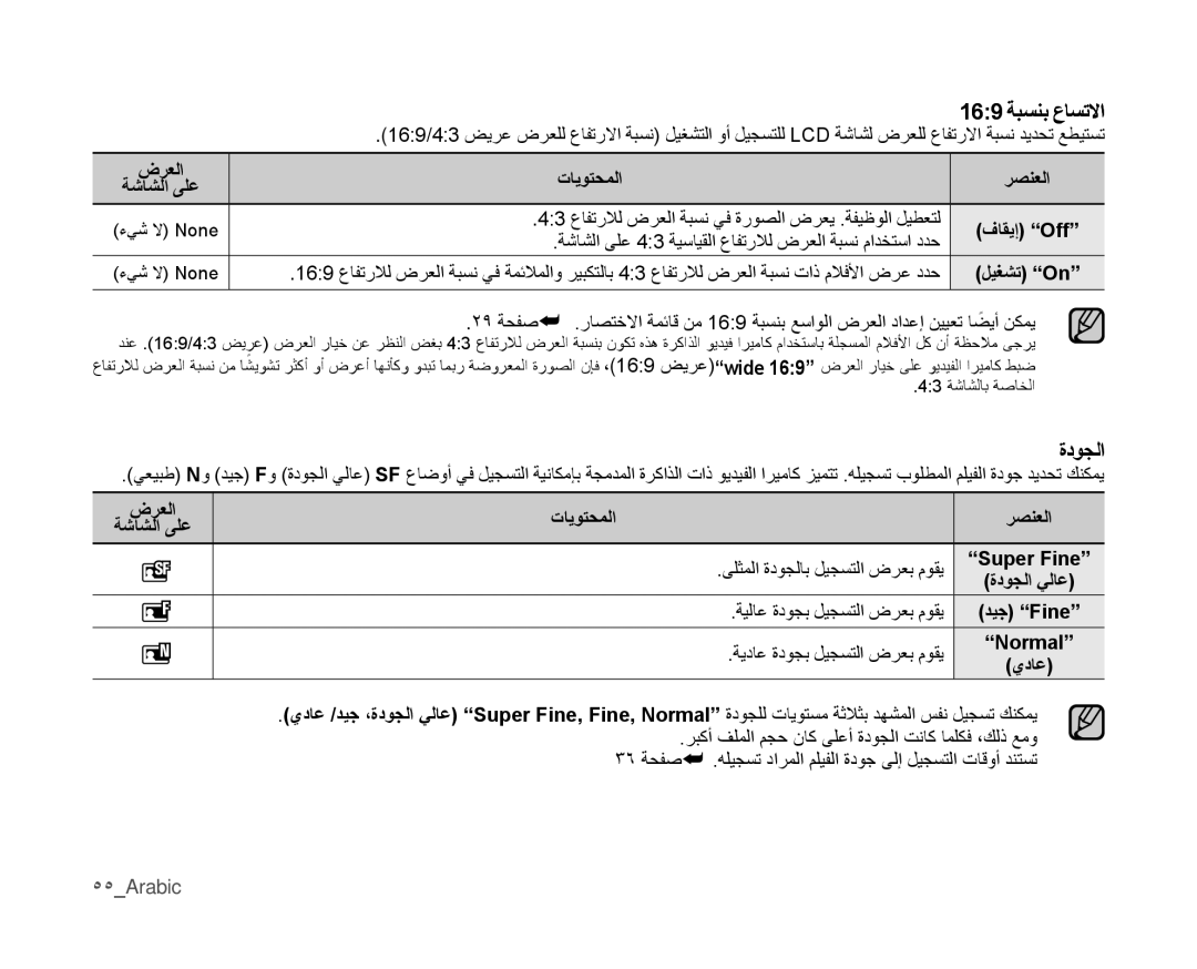 Samsung VP-MX10AU/MEA, VP-MX10/UMG, VP-MX10A/MEA, VP-MX10A/AND, VP-MX10A/KNT, VP-MX10AU/HAC manual 169 ةبسنب عاستلاا, ةدوجلا 