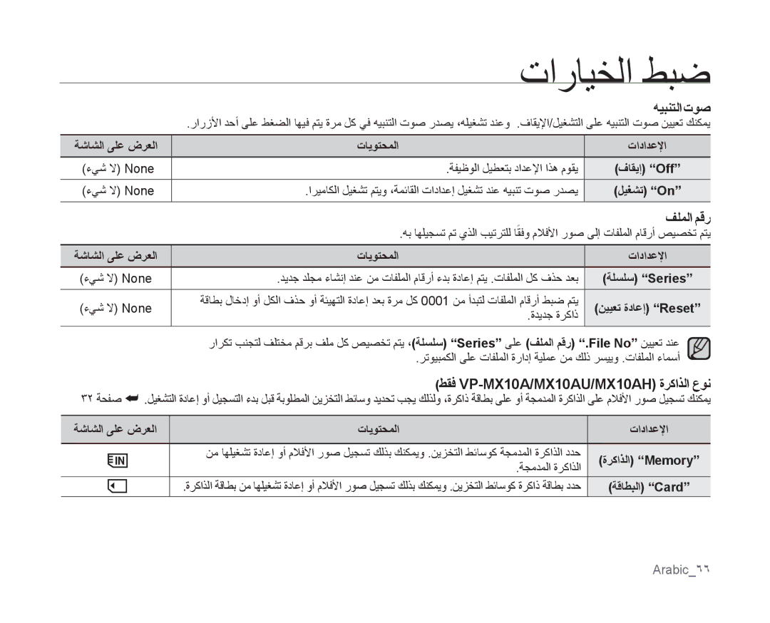 Samsung VP-MX10AH/MEA manual هيبنتلا توص, فلملا مقر, طقف VP-MX10A/MX10AU/MX10AH ةركاذلا عون, ةجمدملا ةركاذلا, Arabic66 