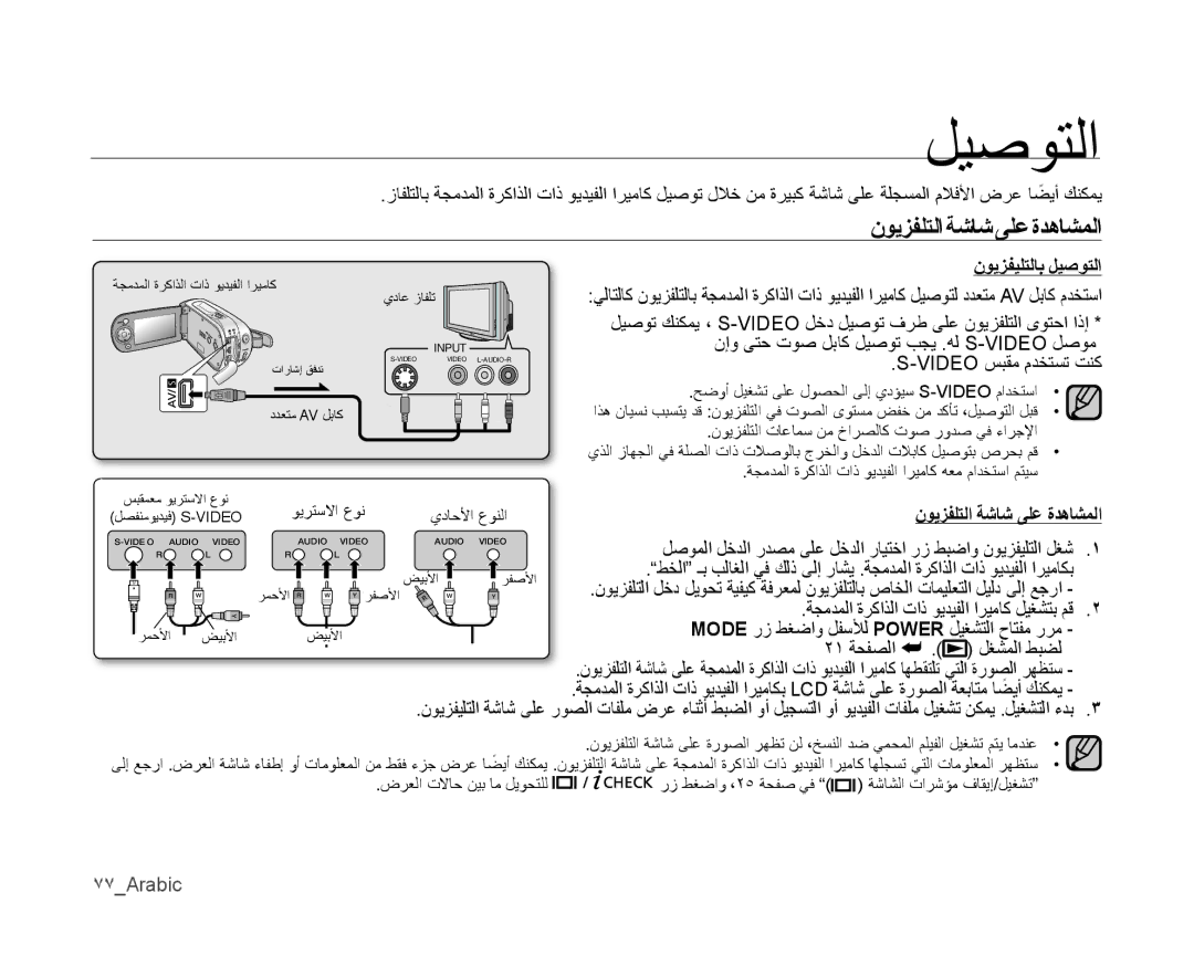 Samsung VP-MX10/KNT, VP-MX10/UMG, VP-MX10A/MEA, VP-MX10A/AND نويزفلتلا ةشاش ىلع ةدهاشملا, نويزفيلتلاب ليصوتلا, 77Arabic 