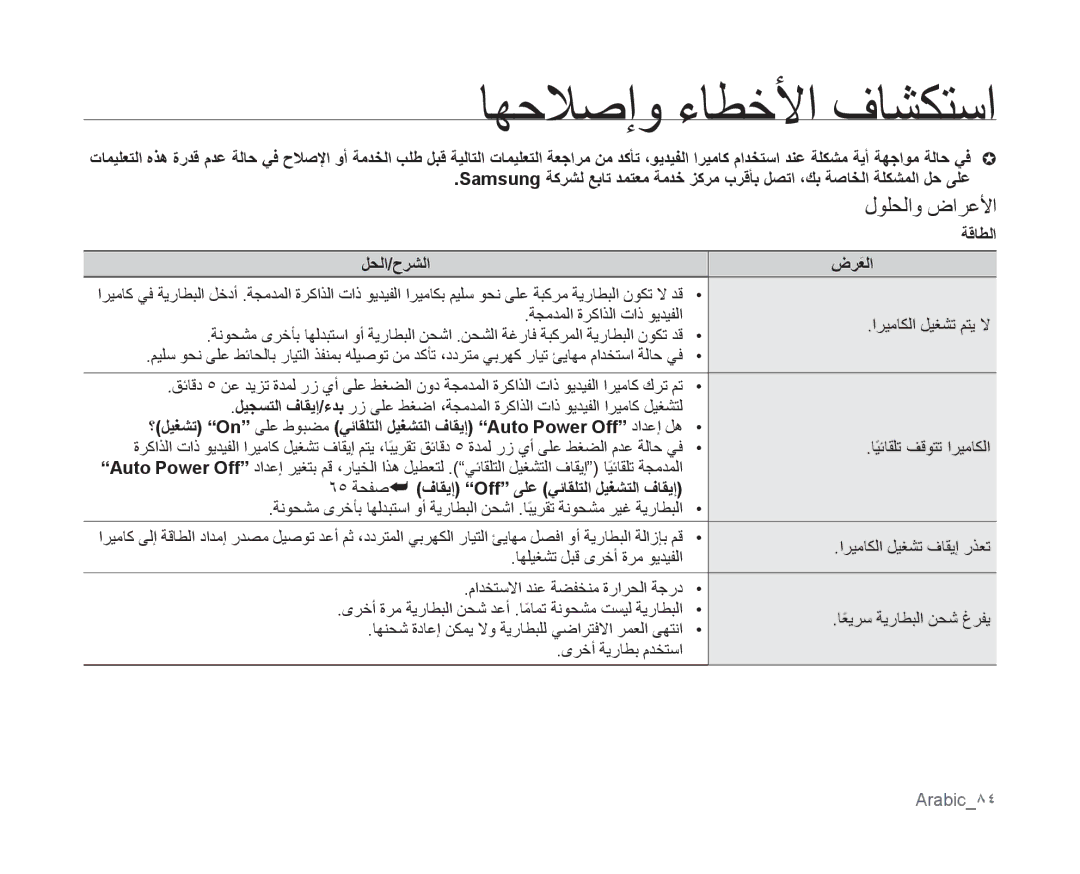 Samsung VP-MX10/HAC manual لولحلاو ضارعلأا, ةقاطلا, لحلا/حرشلا ضرعلاَ, فاقيإ Off ىلع يئاقلتلا ليغشتلا فاقيإ, Arabic84 