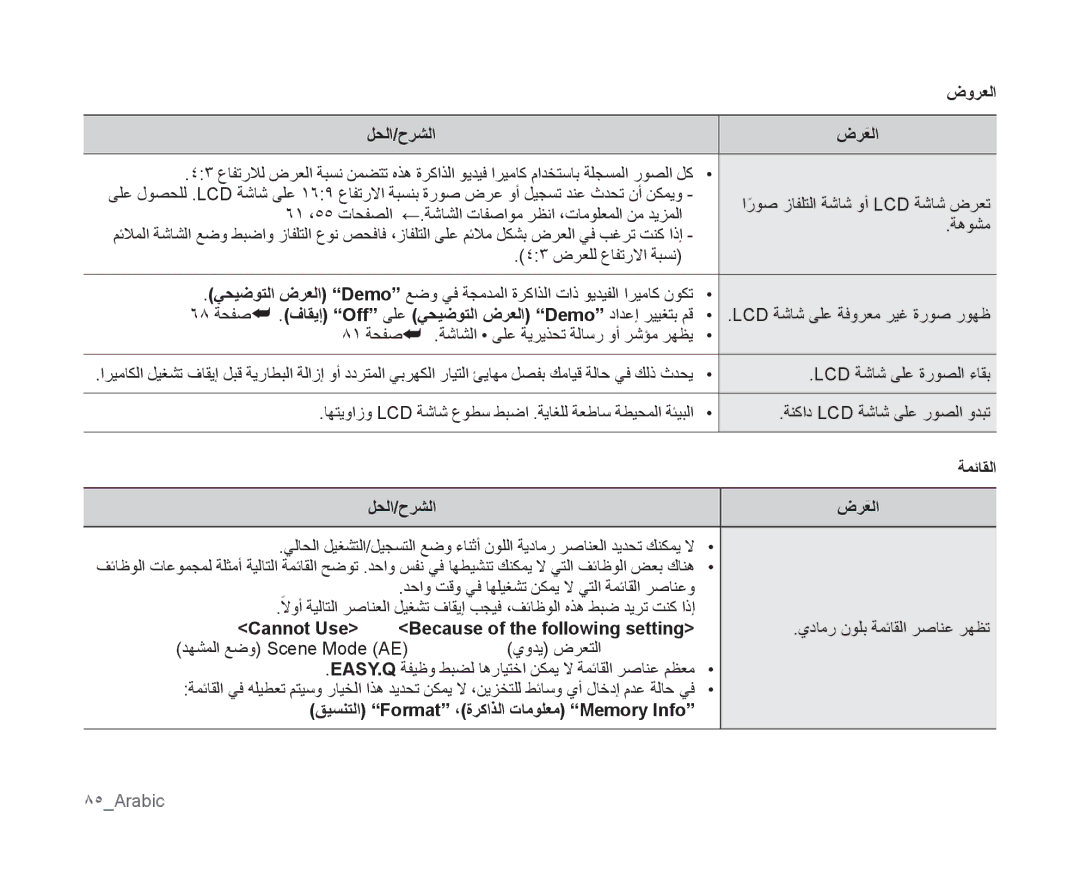 Samsung VP-MX10AH/MEA, VP-MX10/UMG manual ضورعلا, ةمئاقلا, Cannot Use, قيسنتلا Format ،ةركاذلا تامولعم Memory Info, 85Arabic 