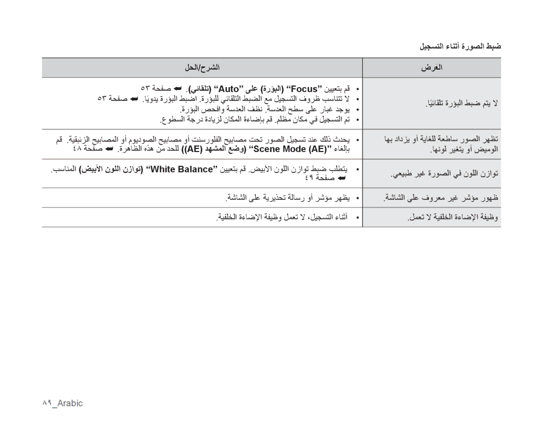 Samsung VP-MX10/UMG ليجستلا ءانثأ ةروصلا طبض, 53 ةحفص, 48 ةحفص, ةيفلخلا ةءاضلإا ةفيظو لمعت لا ،ليجستلا ءانثأ, 89Arabic 