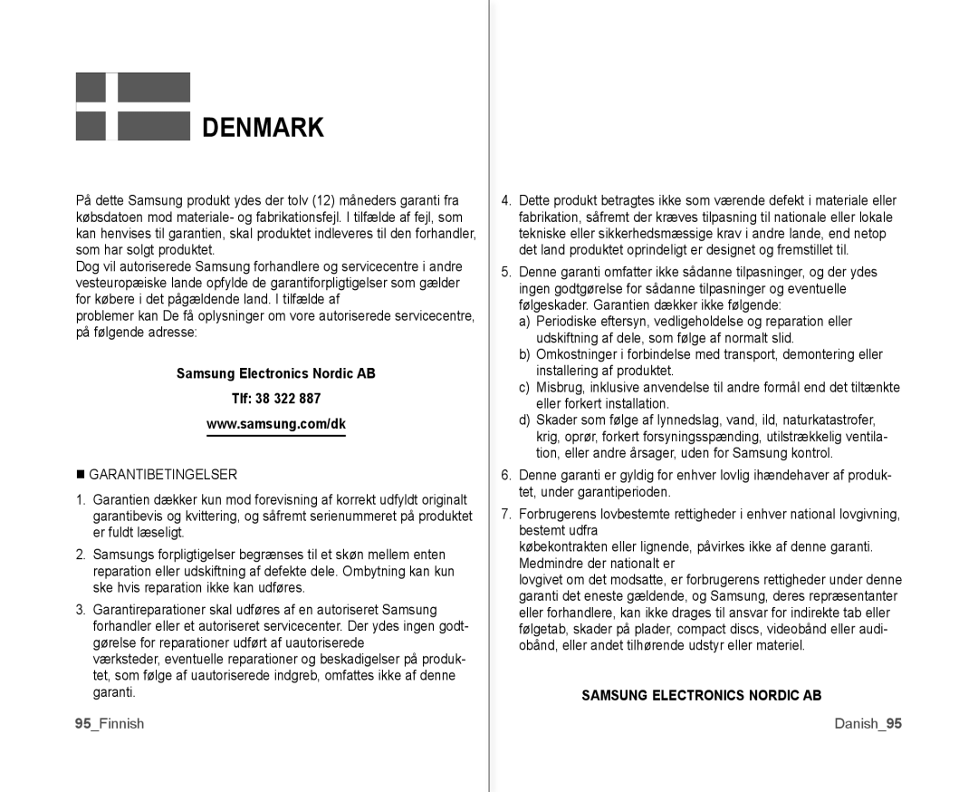 Samsung VP-MX10/XEE manual Samsung Electronics Nordic AB Tlf 38 322, 95Finnish, Danish95 