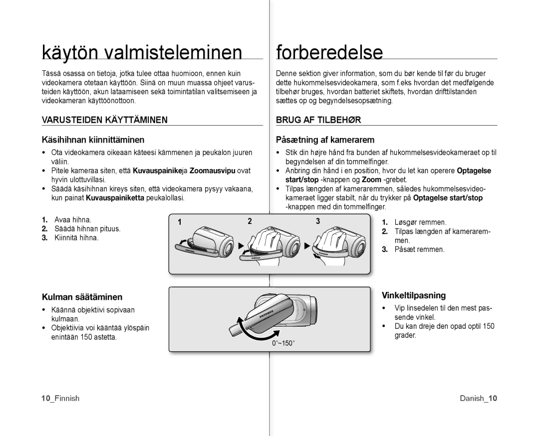 Samsung VP-MX10/XEE manual Käytön valmisteleminen, Forberedelse, Varusteiden Käyttäminen, Brug AF Tilbehør 