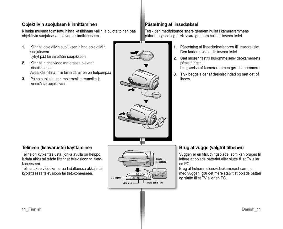 Samsung VP-MX10/XEE manual Objektiivin suojuksen kiinnittäminen, Påsætning af linsedæksel, Telineen lisävaruste käyttäminen 