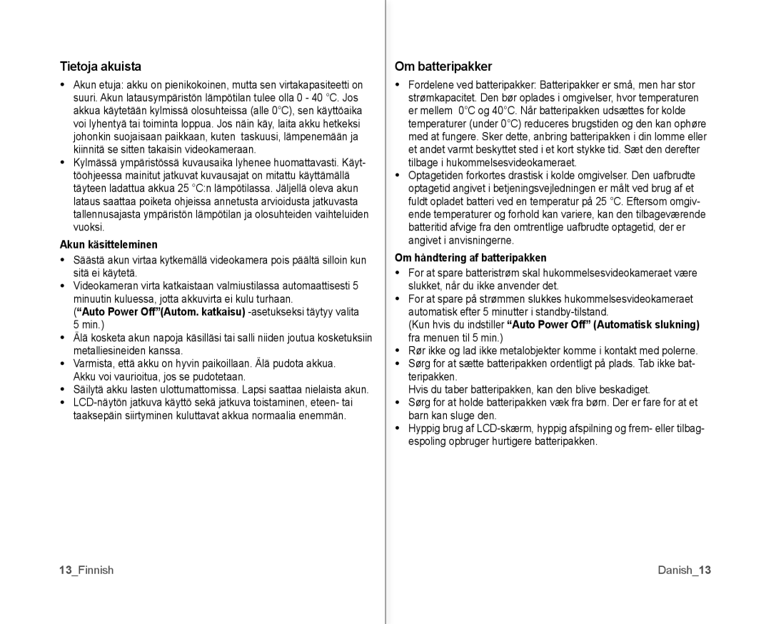 Samsung VP-MX10/XEE manual Tietoja akuista, Om batteripakker, Akun käsitteleminen, Om håndtering af batteripakken 