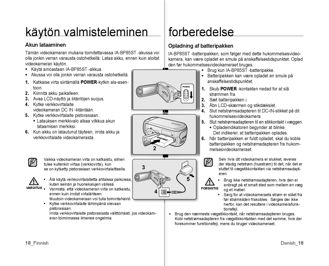 Samsung VP-MX10/XEE manual Akun lataaminen Opladning af batteripakken, Batteripakken kan være opladet en smule på 