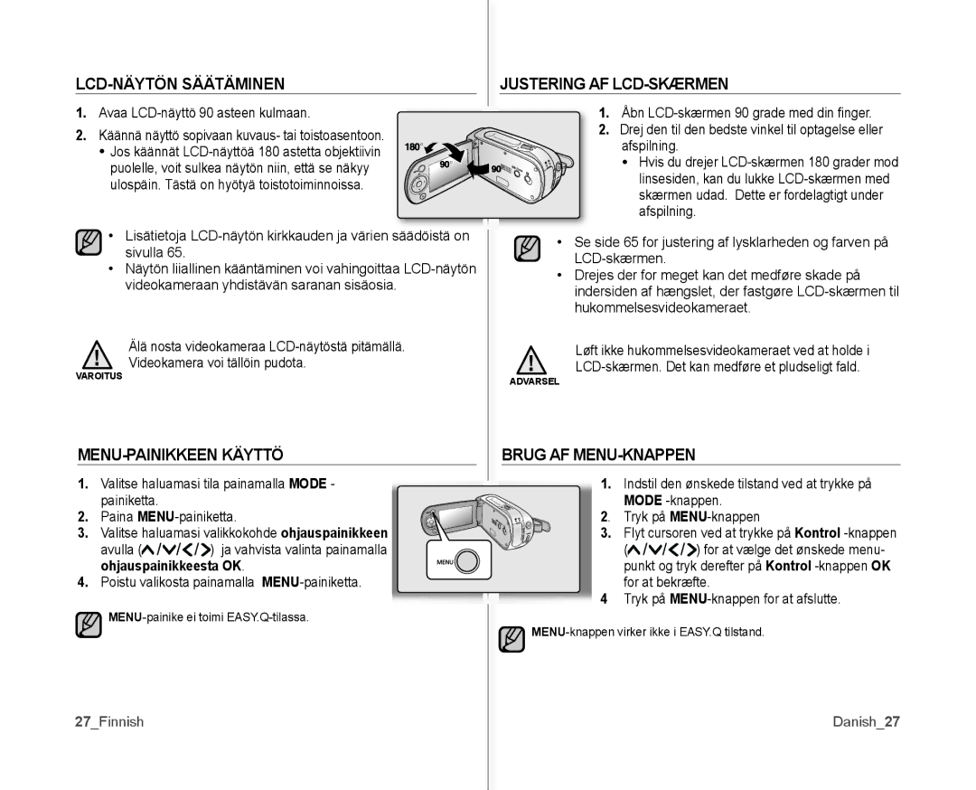 Samsung VP-MX10/XEE manual LCD-NÄYTÖN Säätäminen, MENU-PAINIKKEEN Käyttö, Justering AF LCD-SKÆRMEN, Brug AF MENU-KNAPPEN 