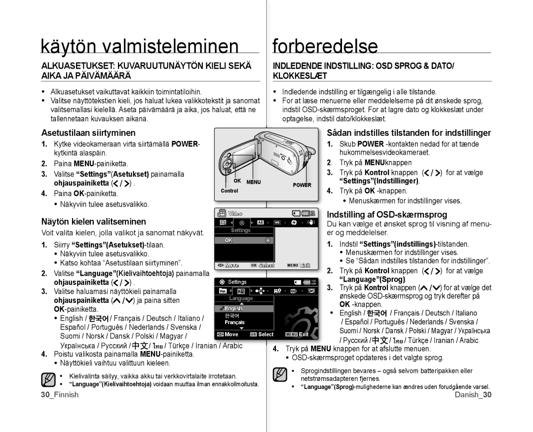 Samsung VP-MX10/XEE Indledende Indstilling OSD Sprog & Dato, Aika JA Päivämäärä Klokkeslæt, Indstilling af OSD-skærmsprog 