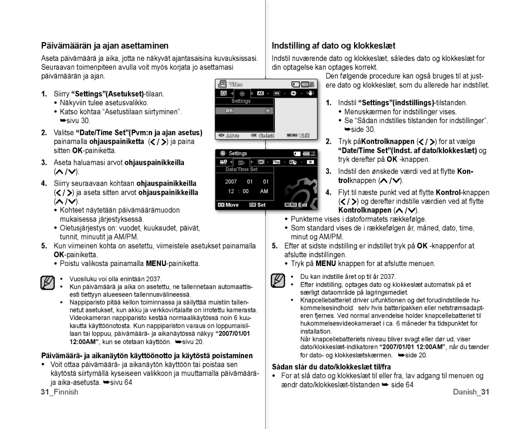 Samsung VP-MX10/XEE Päivämäärän ja ajan asettaminen, Indstilling af dato og klokkeslæt, Tryk påKontrolknappen, 31Finnish 