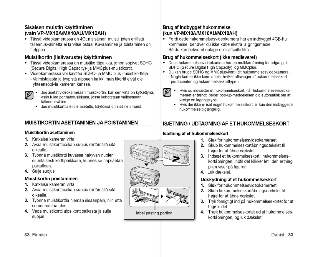 Samsung VP-MX10/XEE manual Muistikortin Asettaminen JA Poistaminen, Kommelse, behøver du ikke købe ekstra la gringsmedie 