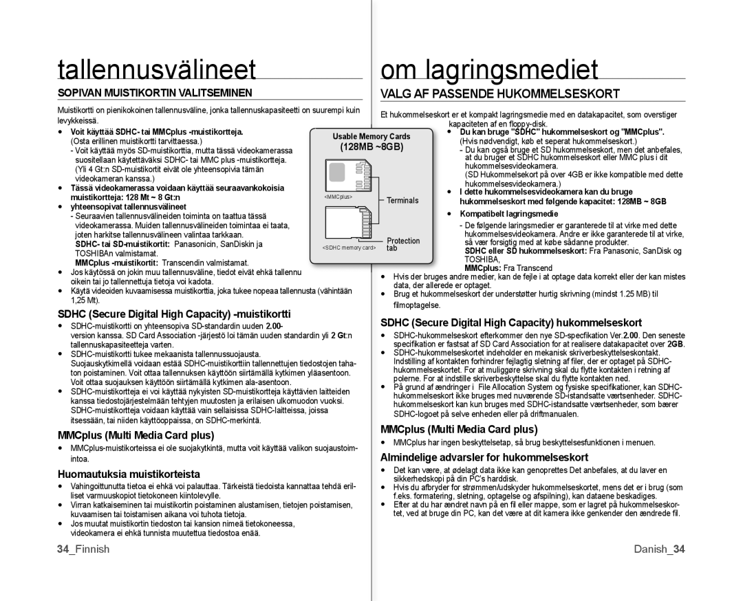 Samsung VP-MX10/XEE Tallennusvälineet Om lagringsmediet, Valg AF Passende Hukommelseskort, MMCplus Multi Media Card plus 