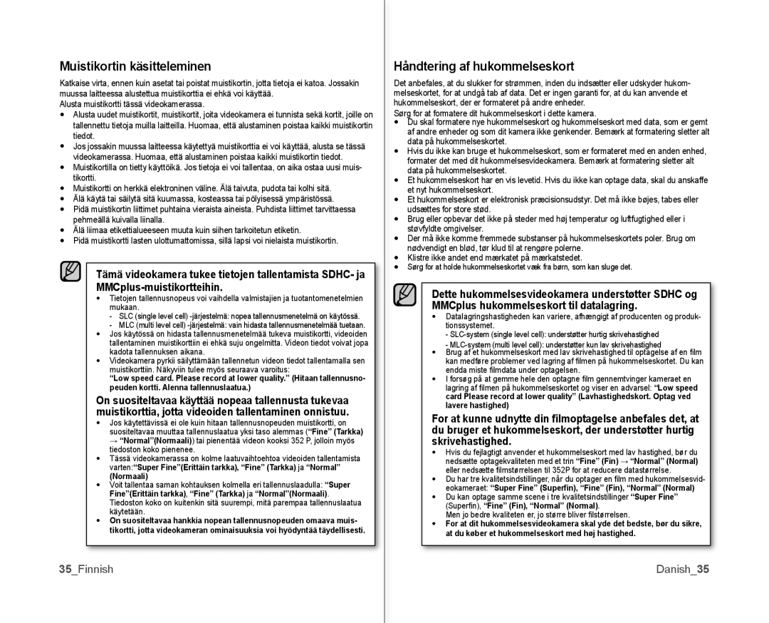 Samsung VP-MX10/XEE manual Muistikortin käsitteleminen, Håndtering af hukommelseskort, 35Finnish, Danish35 