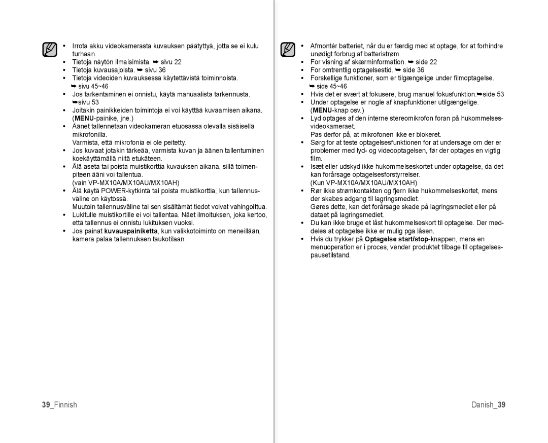 Samsung VP-MX10/XEE manual 39Finnish, Danish39 