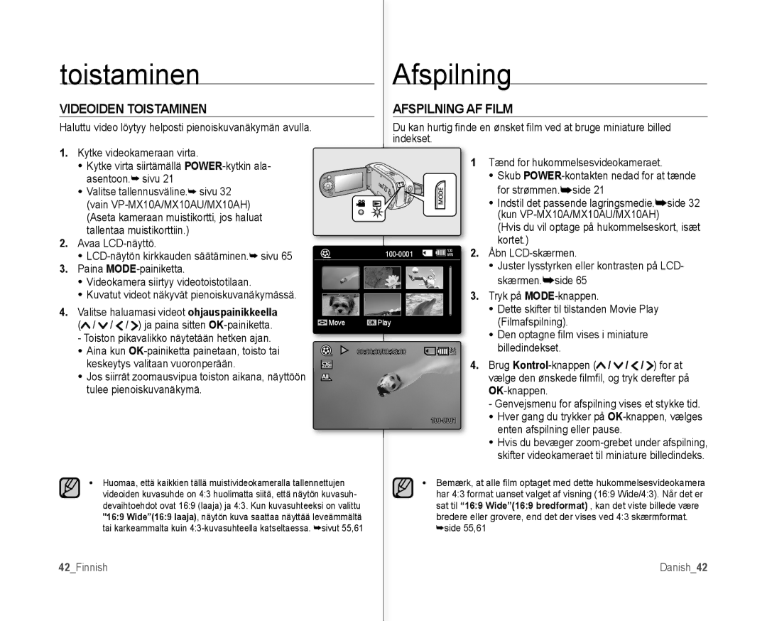 Samsung VP-MX10/XEE manual Videoiden Toistaminen Afspilning AF Film, 42Finnish Danish42 