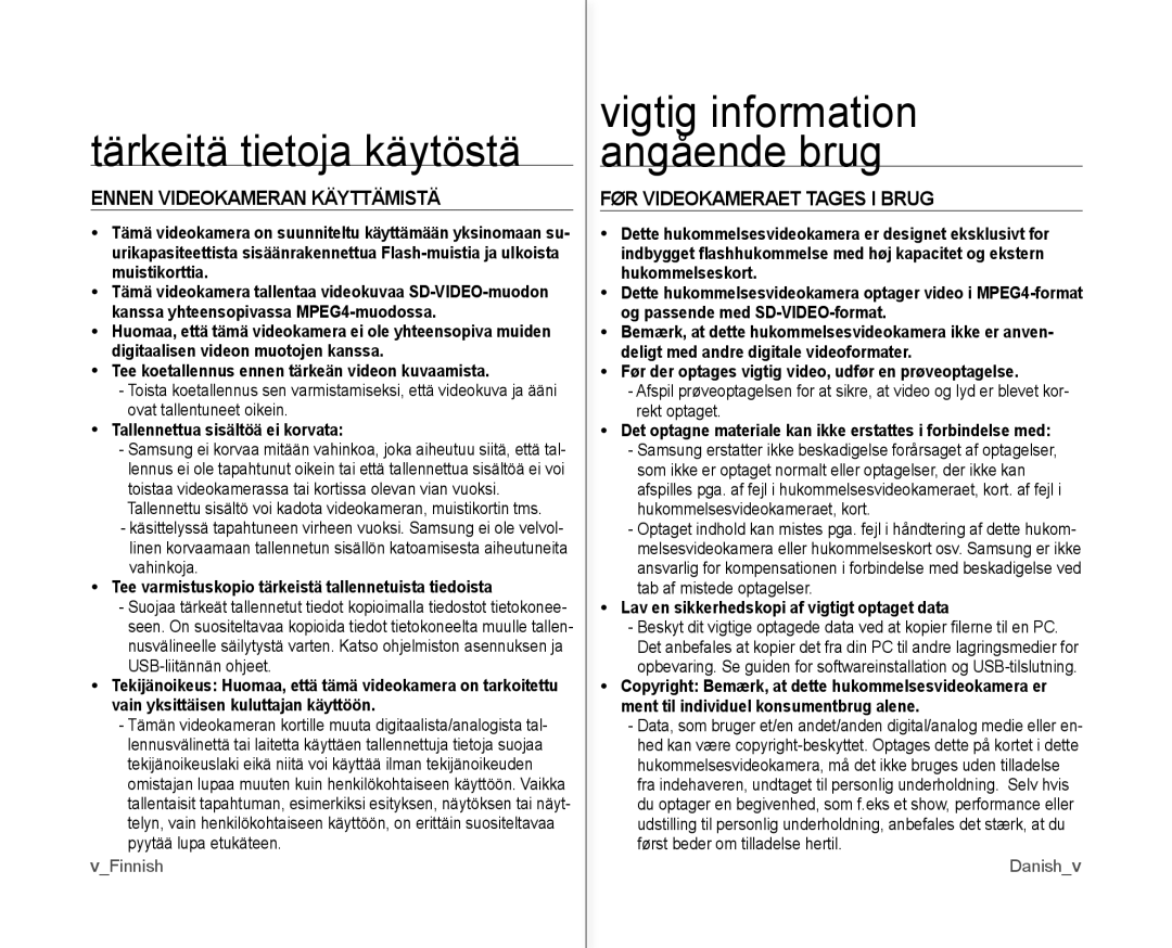 Samsung VP-MX10/XEE manual Tärkeitä tietoja käytöstä, Ennen Videokameran Käyttämistä, FØR Videokameraet Tages I Brug 