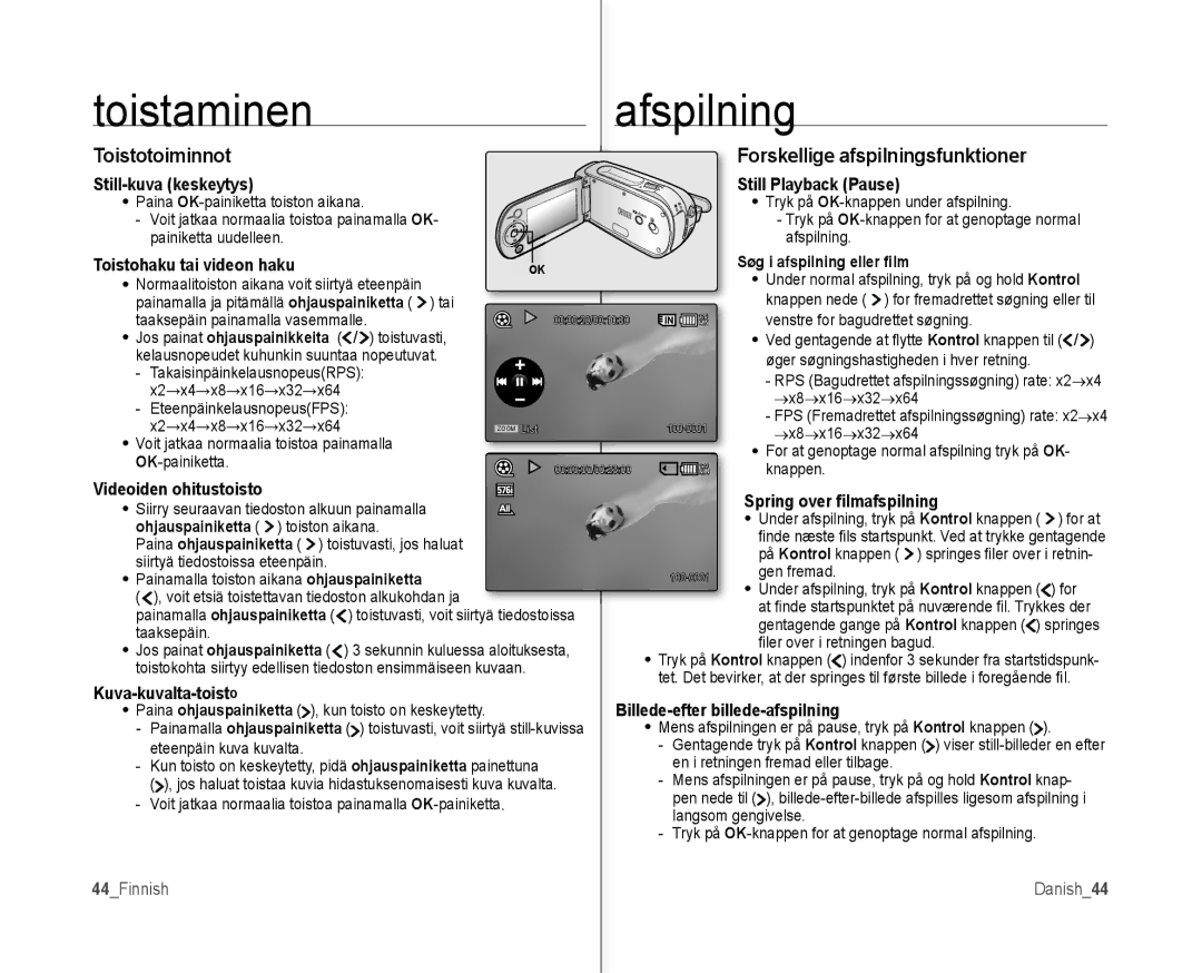 Samsung VP-MX10/XEE manual Toistotoiminnot, Forskellige afspilningsfunktioner 