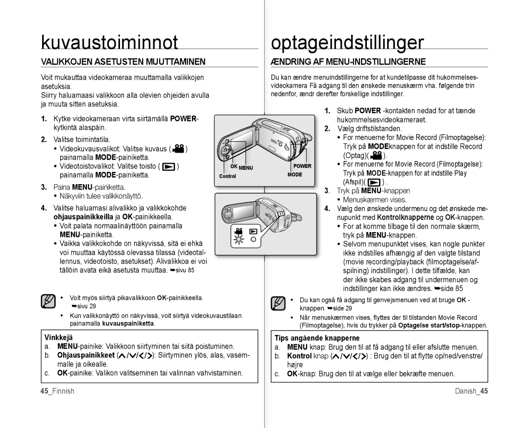 Samsung VP-MX10/XEE manual Vinkkejä, Ohjauspainikkeet, 45Finnish 