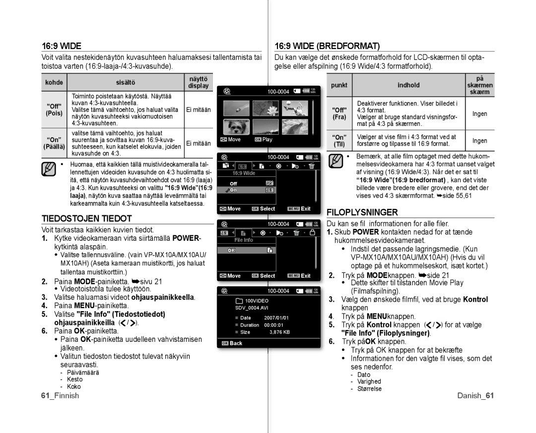 Samsung VP-MX10/XEE manual Wide Bredformat, Filoplysninger Tiedostojen Tiedot, Valitse File Info Tiedostotiedot 