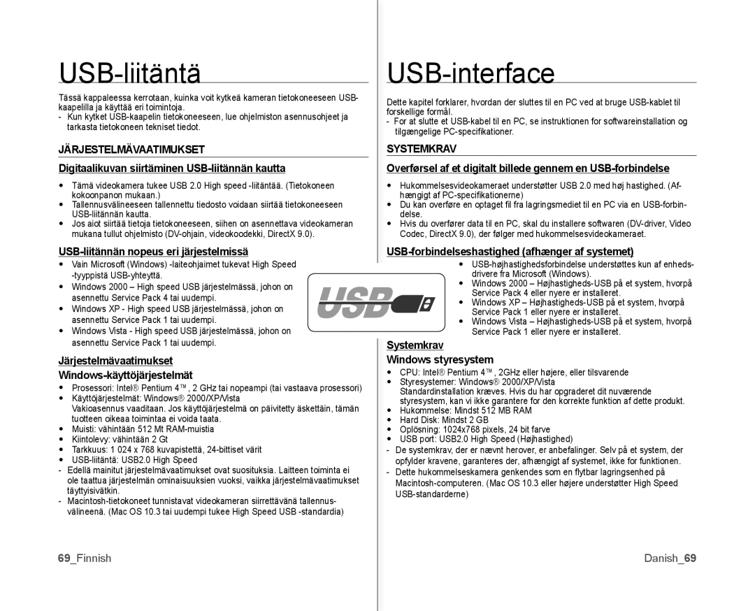 Samsung VP-MX10/XEE manual USB-liitäntä, USB-interface 