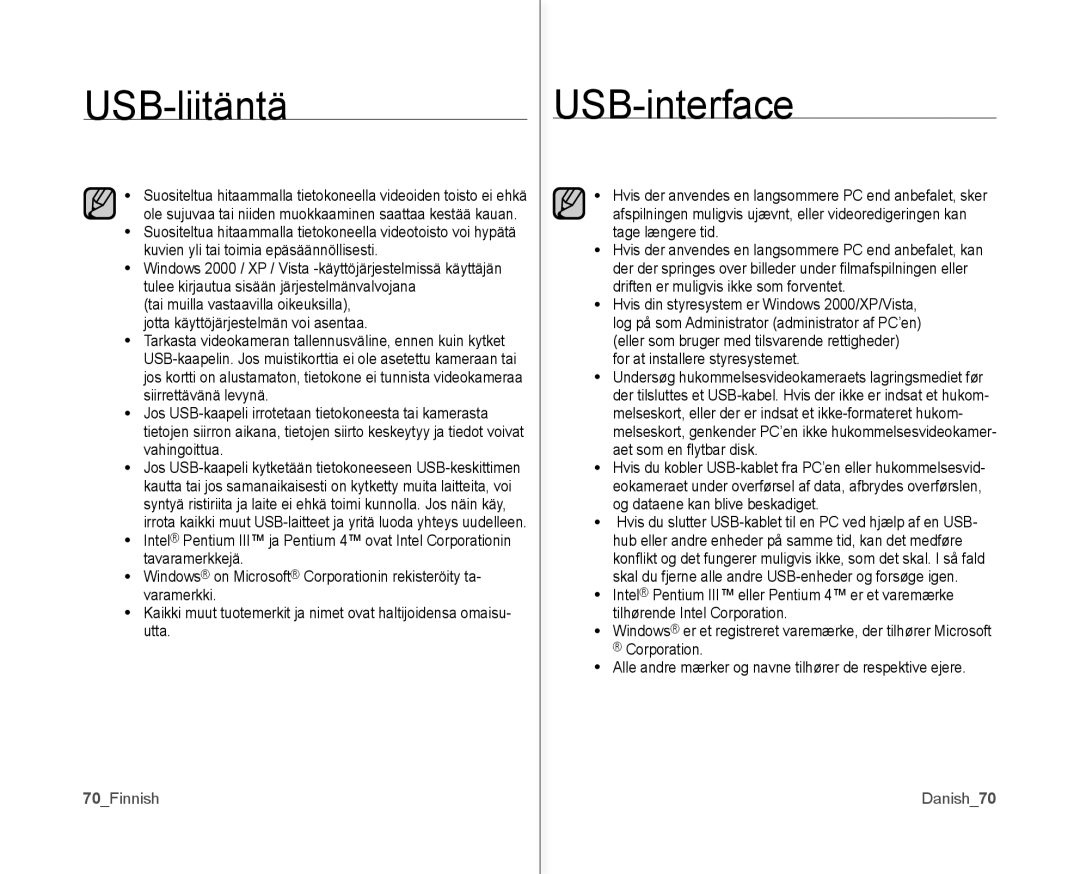 Samsung VP-MX10/XEE manual 70Finnish, Danish70 