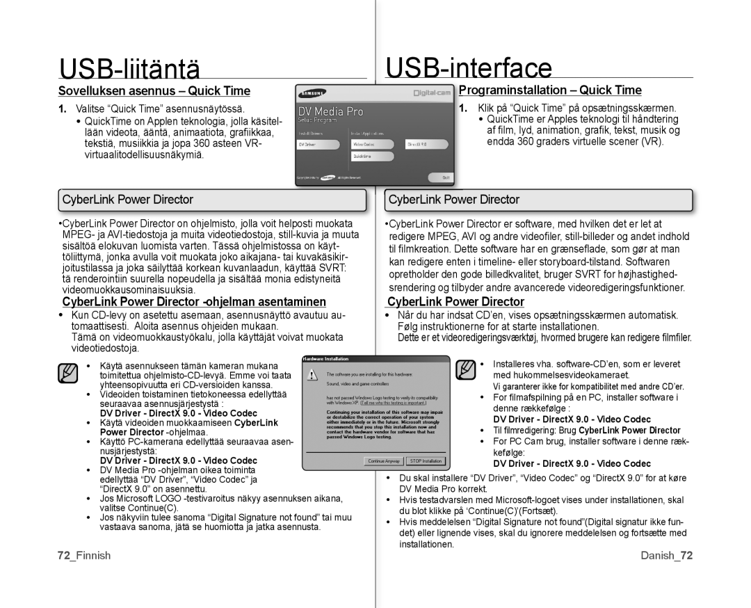 Samsung VP-MX10/XEE manual Sovelluksen asennus Quick Time, Rograminstallation Quick Time, CyberLink Power Director 