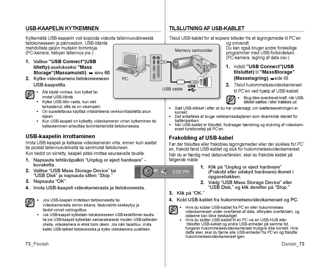 Samsung VP-MX10/XEE USB-KAAPELIN Kytkeminen, USB-kaapelin irrottaminen, Tilslutning AF USB-KABLET, Frakobling af USB-kabel 