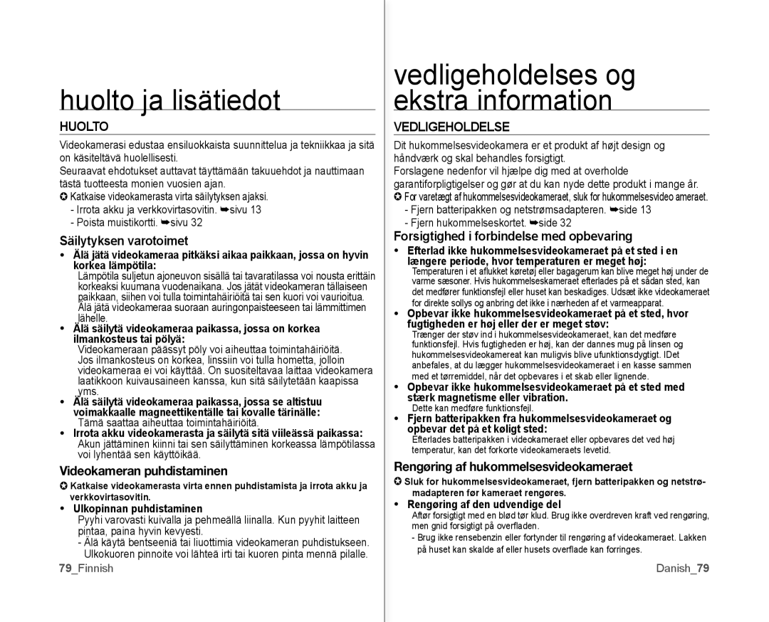 Samsung VP-MX10/XEE manual Huolto ja lisätiedot, Vedligeholdelse 