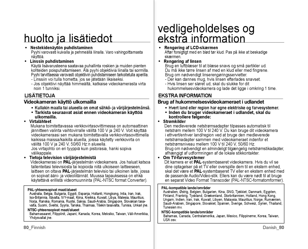 Samsung VP-MX10/XEE manual Lisätietoja, Videokameran käyttö ulkomailla, Ekstra Information 