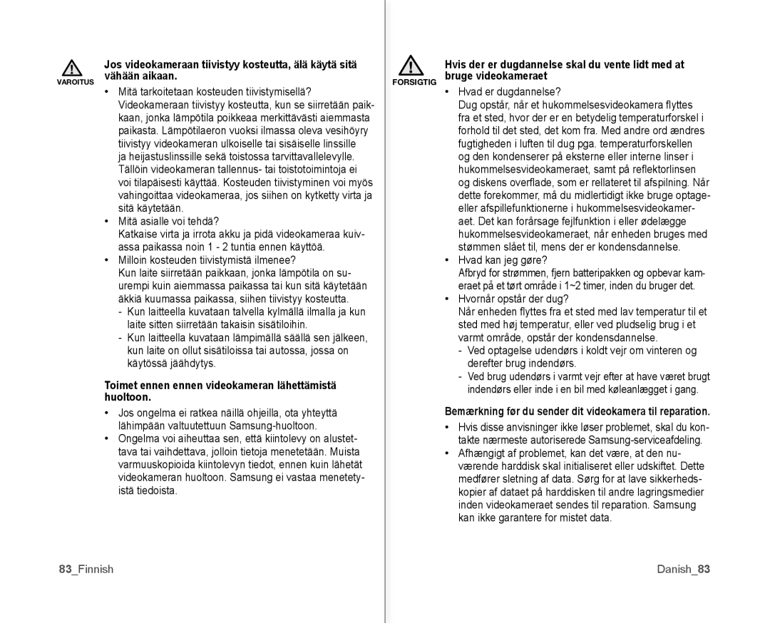 Samsung VP-MX10/XEE manual Toimet ennen ennen videokameran lähettämistä huoltoon, 83Finnish, Danish83 