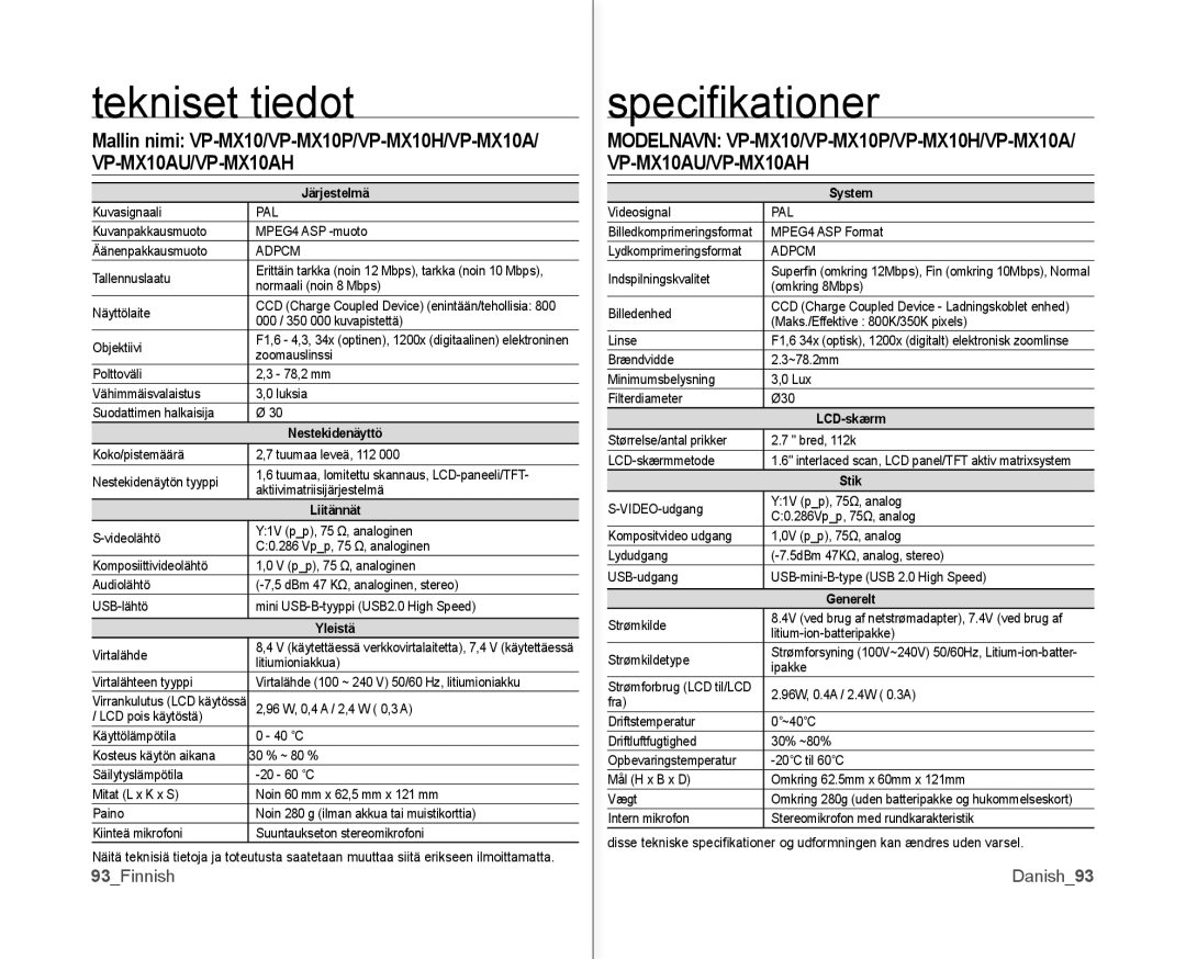 Samsung VP-MX10/XEE manual Tekniset tiedot, Speciﬁ kationer, Danish93 