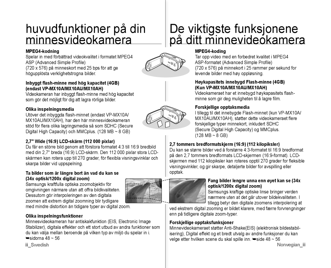 Samsung VP-MX10/XEE MPEG4-kodning, Olika inspelningsmedia, Wide 169 LCD-skärm 112 000 pixlar, Olika inspelningsfunktioner 