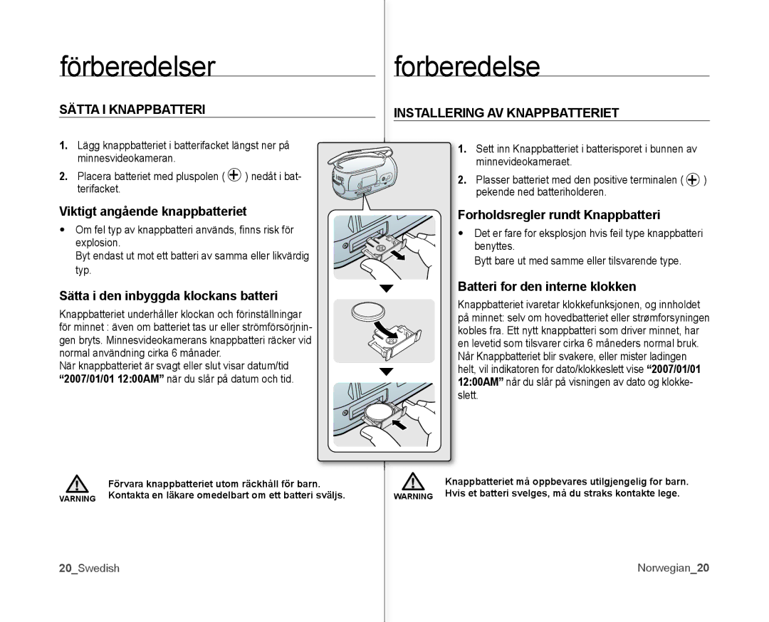 Samsung VP-MX10/XEE manual Sätta I Knappbatteri, Installering AV Knappbatteriet 