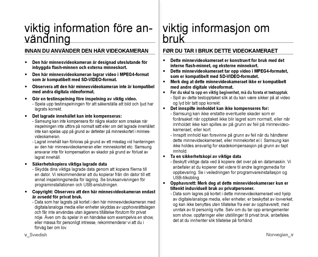 Samsung VP-MX10/XEE manual Viktig information före an- vändning, Viktig informasjon om bruk 