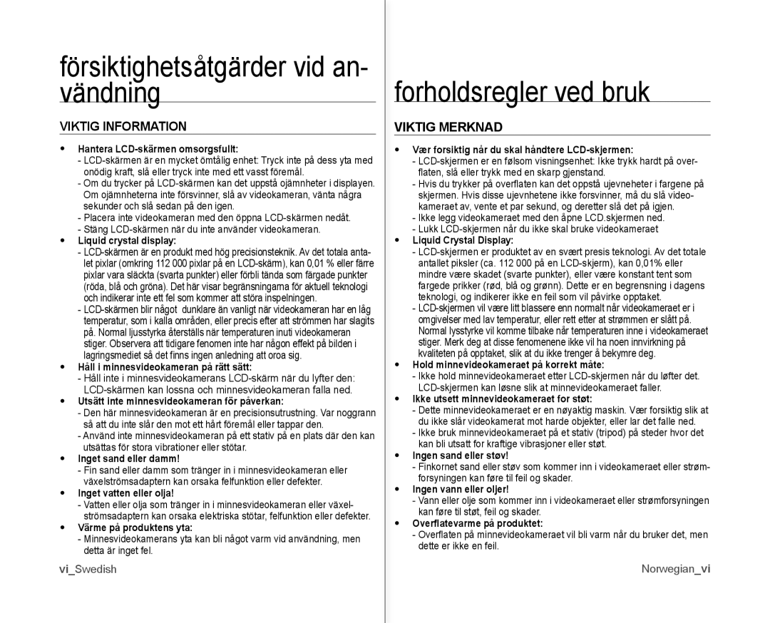 Samsung VP-MX10/XEE Försiktighetsåtgärder vid an- vändning, Forholdsregler ved bruk, Viktig Information, Viktig Merknad 