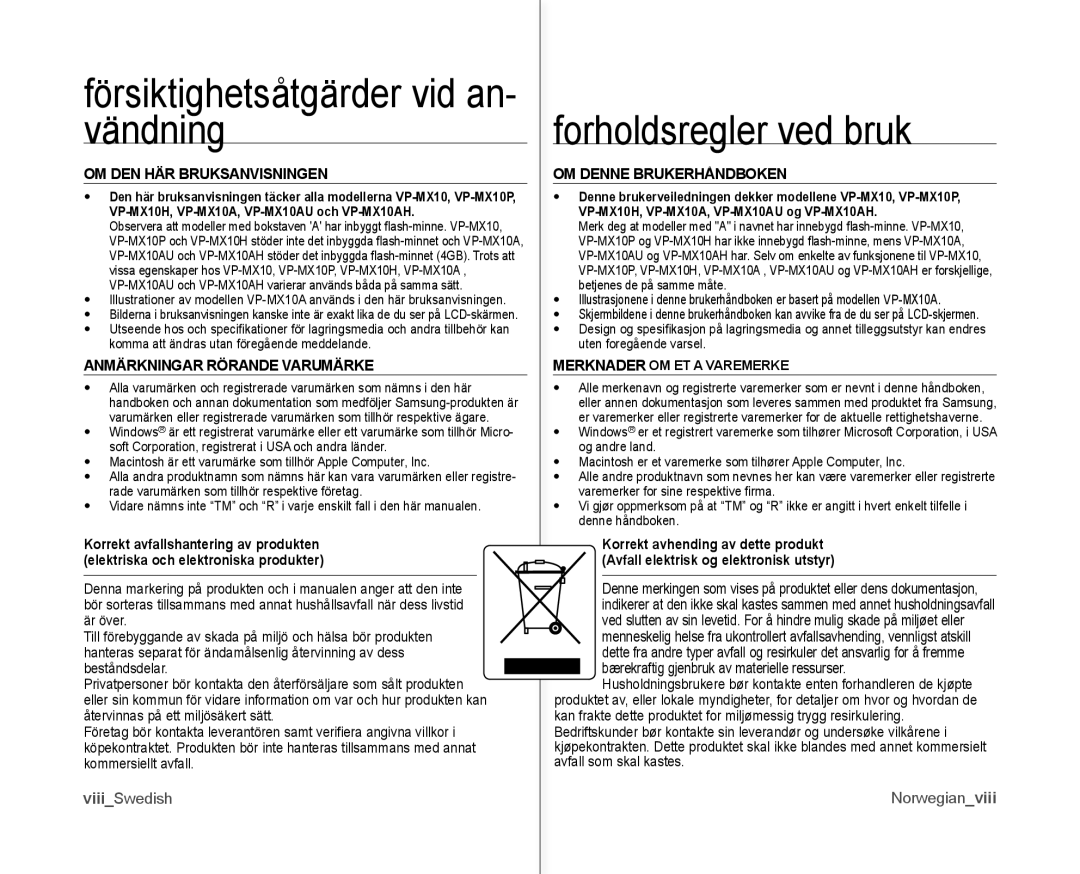 Samsung VP-MX10/XEE manual Vändning Forholdsregler ved bruk, ViiiSwedish Norwegianviii 