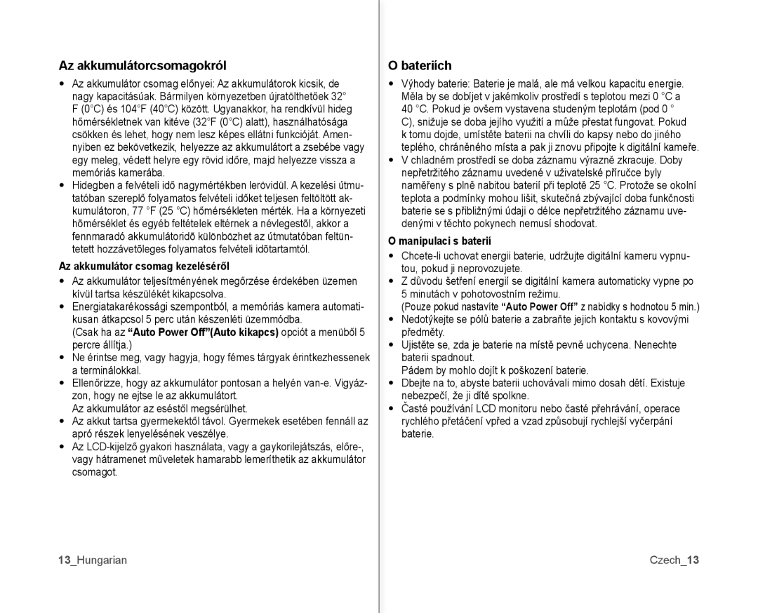 Samsung VP-MX10AU/XEO manual Az akkumulátorcsomagokról, Bateriích, Az akkumulátor csomag kezeléséről, Manipulaci s baterií 