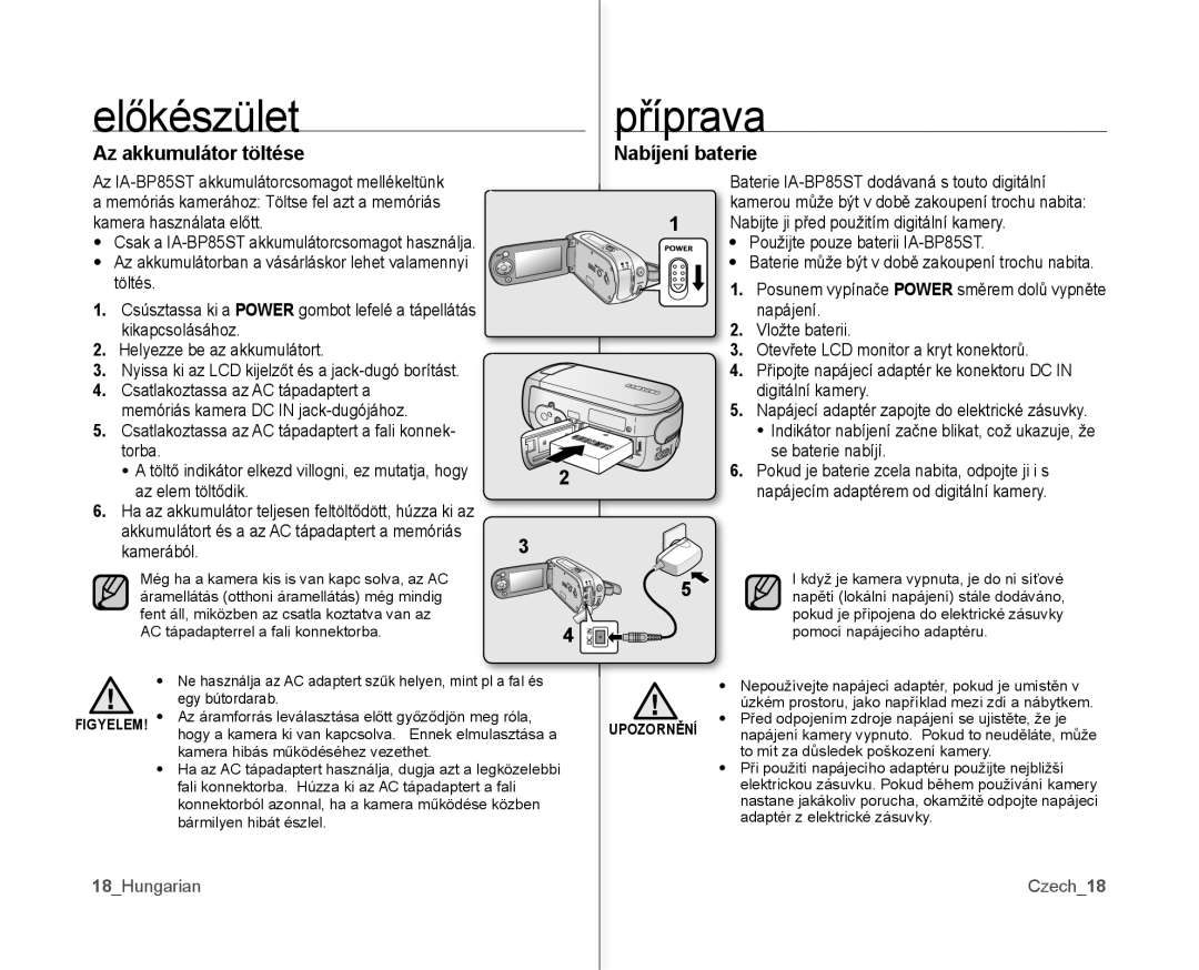 Samsung VP-MX10/XEO, VP-MX10A/XEO manual Az akkumulátor töltése Nabíjení baterie, Töltés, Napájení, 18Hungarian Czech18 