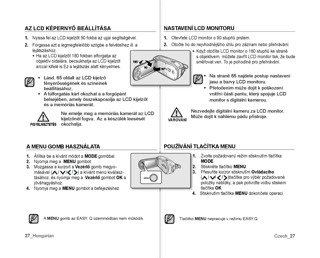 Samsung VP-MX10A/XEO AZ LCD Képernyő Beállítása, Menu Gomb Használata, Nastavení LCD Monitoru, Používání Tlačítka Menu 