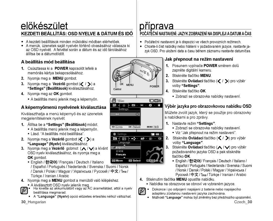 Samsung VP-MX10/XEO Kezdeti Beállítás OSD Nyelve & Dátum ÉS IDŐ, Ak přepnout na režim nastavení, Beállítás mód beállítása 