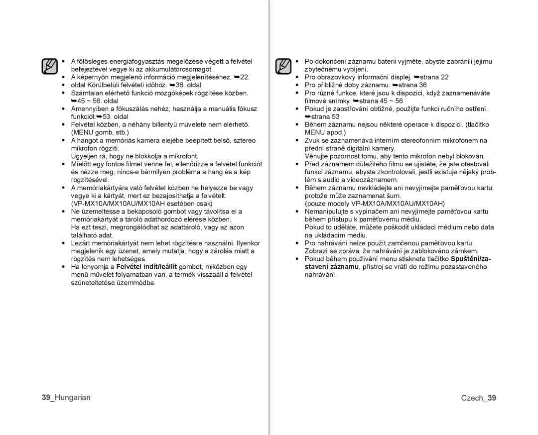 Samsung VP-MX10A/XEO, VP-MX10/XEO, VP-MX10AH/XEO, VP-MX10AU/XEO manual 39Hungarian, Czech39 