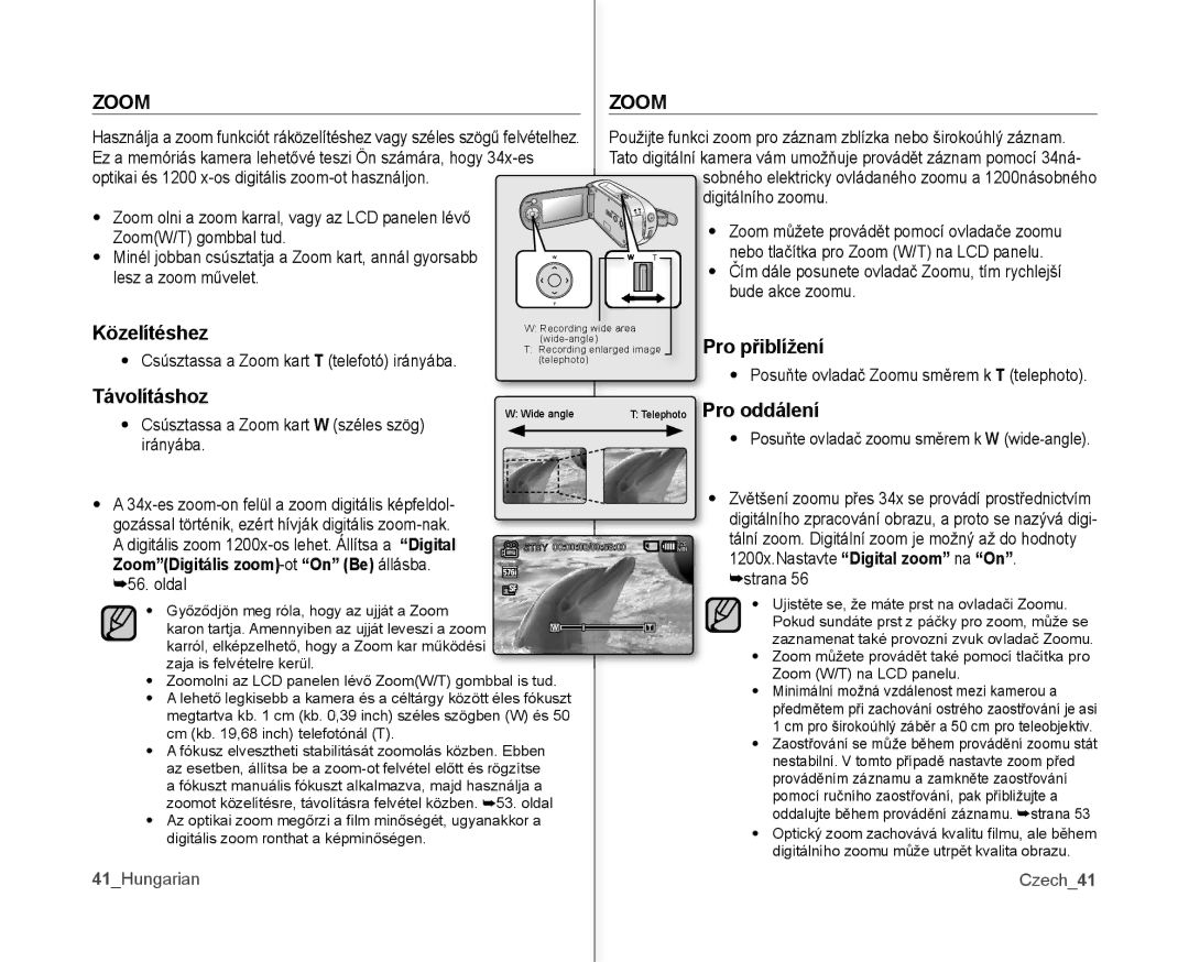 Samsung VP-MX10AU/XEO, VP-MX10/XEO, VP-MX10A/XEO manual Zoom, Közelítéshez, Pro přiblížení, Távolításhoz, Pro oddálení 