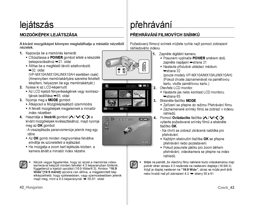 Samsung VP-MX10/XEO manual Lejátszás Přehrávání, Mozgóképek Lejátszása Přehrávání Filmových Snímků, 42Hungarian Czech42 