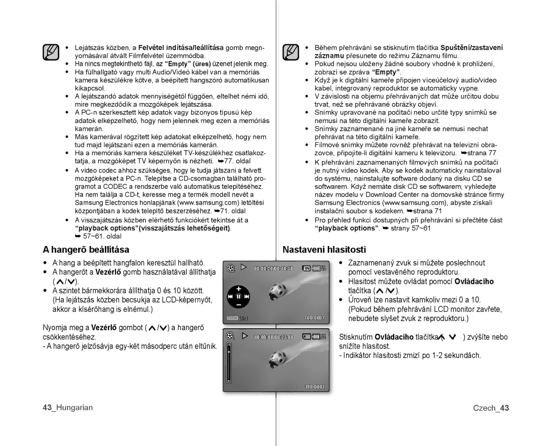 Samsung VP-MX10A/XEO, VP-MX10/XEO, VP-MX10AH/XEO, VP-MX10AU/XEO Hangerõ beállítása Nastavení hlasitosti, 43Hungarian Czech43 