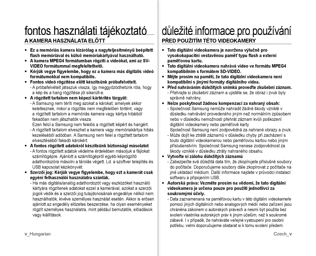 Samsung VP-MX10A/XEO, VP-MX10/XEO, VP-MX10AH/XEO, VP-MX10AU/XEO manual Kamera Használata Előtt, Před Použitím Této Videokamery 