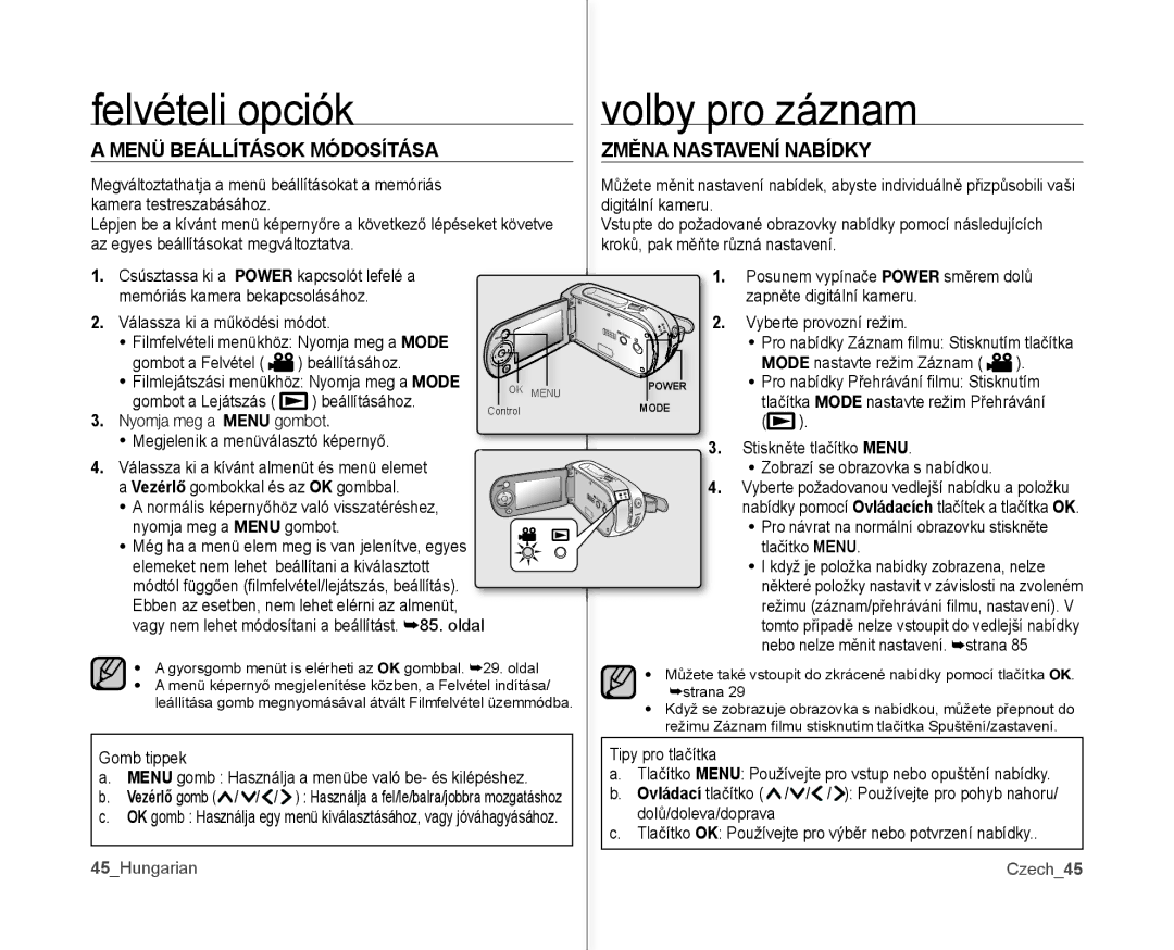 Samsung VP-MX10AU/XEO, VP-MX10/XEO, VP-MX10A/XEO Menü Beállítások Módosítása Změna Nastavení Nabídky, 45Hungarian Czech45 