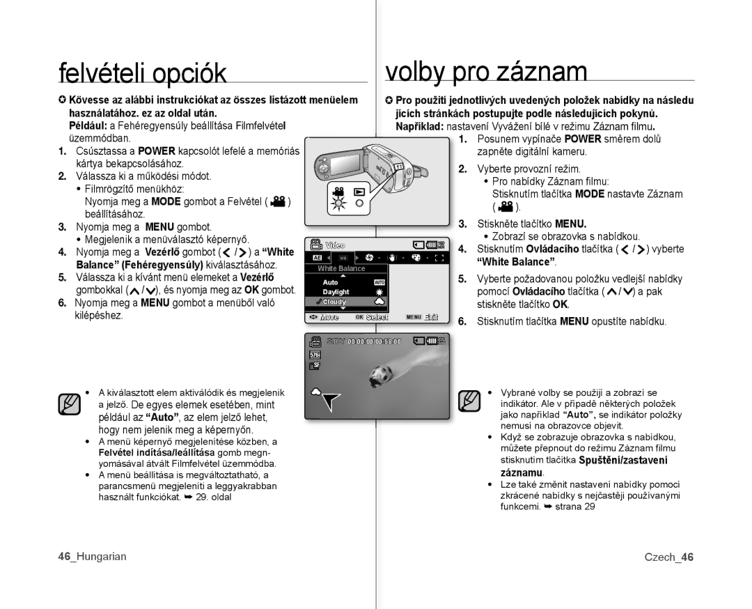 Samsung VP-MX10/XEO, VP-MX10A/XEO, VP-MX10AH/XEO manual Volby pro záznam, White Balance, Záznamu, 46Hungarian Czech46 