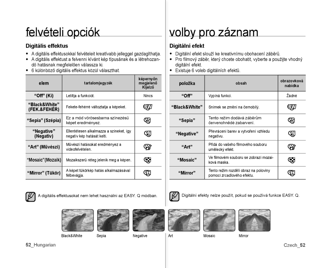 Samsung VP-MX10AH/XEO, VP-MX10/XEO, VP-MX10A/XEO, VP-MX10AU/XEO manual Digitális effektus, Digitální efekt, Elem, Položka 