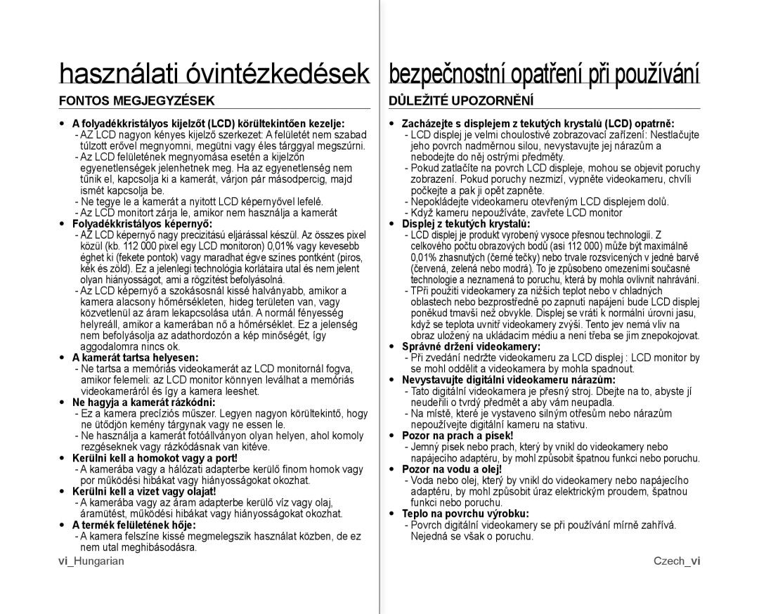 Samsung VP-MX10AH/XEO, VP-MX10/XEO, VP-MX10A/XEO, VP-MX10AU/XEO manual Fontos Megjegyzések, Důležité Upozornění 