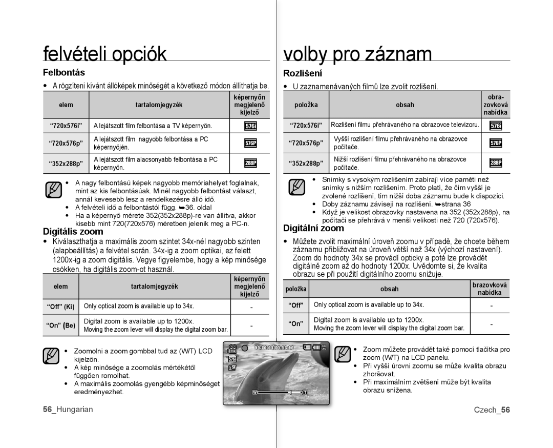 Samsung VP-MX10AH/XEO, VP-MX10/XEO Felvételi opciók Volby pro záznam, Felbontás Rozlišení, Digitální zoom Digitális zoom 